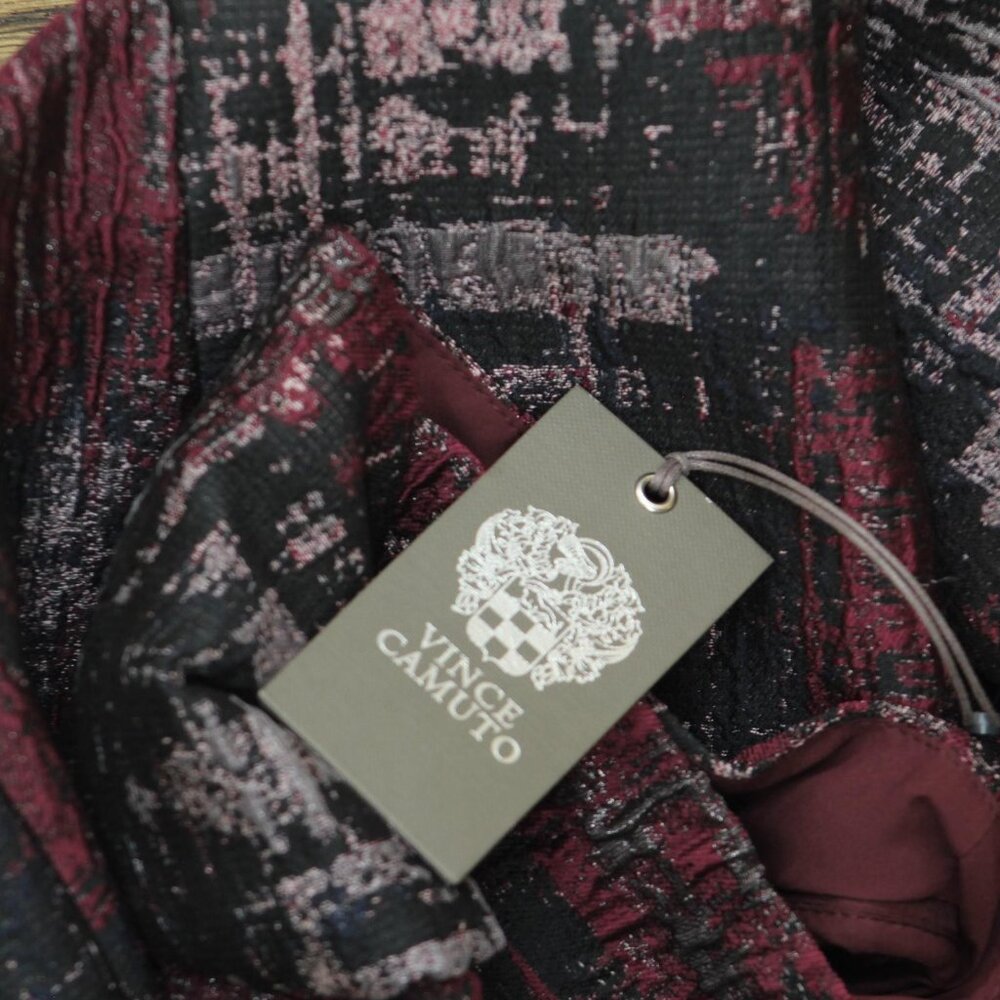 NWT Vince Camuto Jacquard Fit & Flare Puff-Sleeve Dress Wine Red Multi 12 - Picture 6 of 9